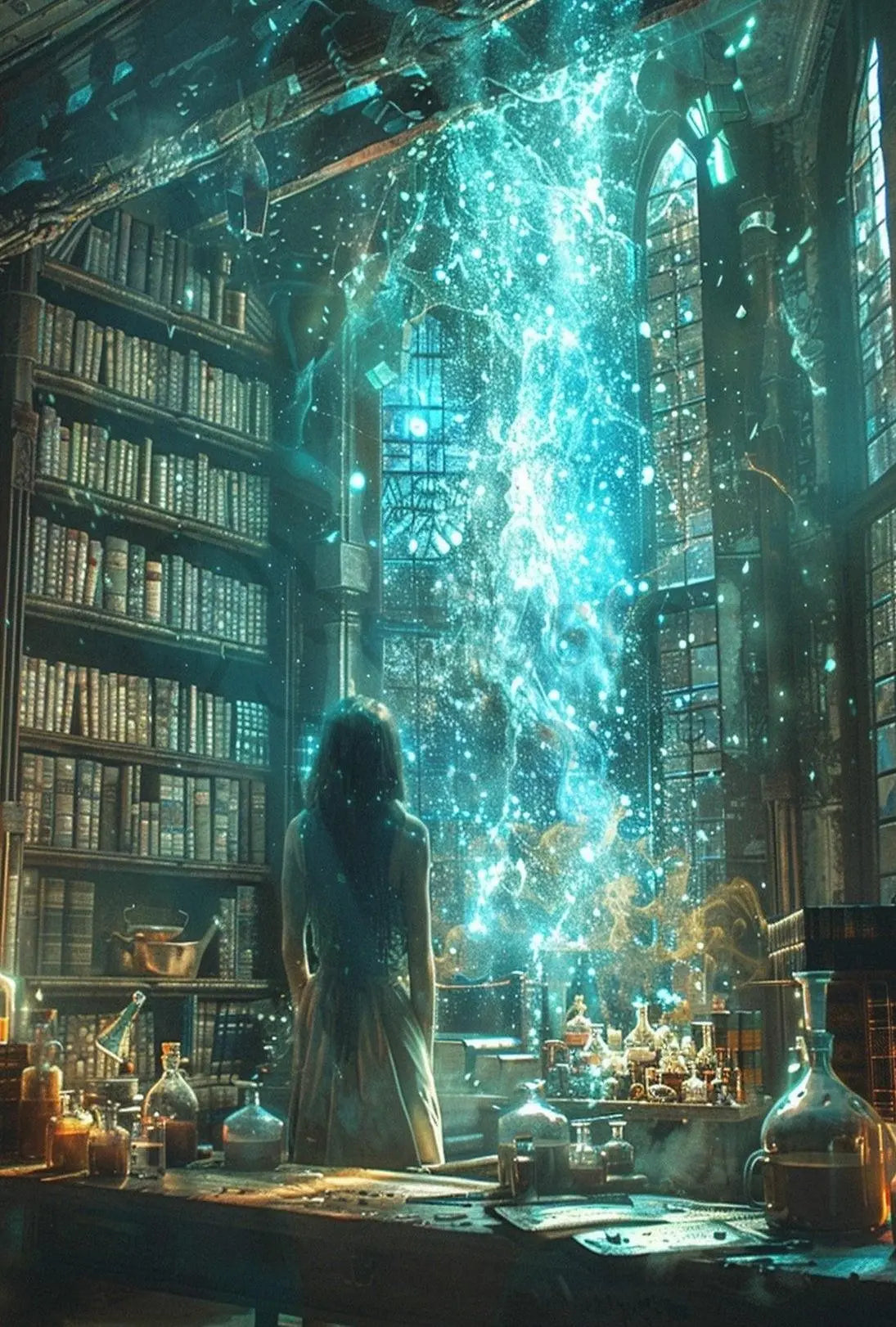 Magical Library Scene with Ethereal Mist Artistic Poster PosterGoat