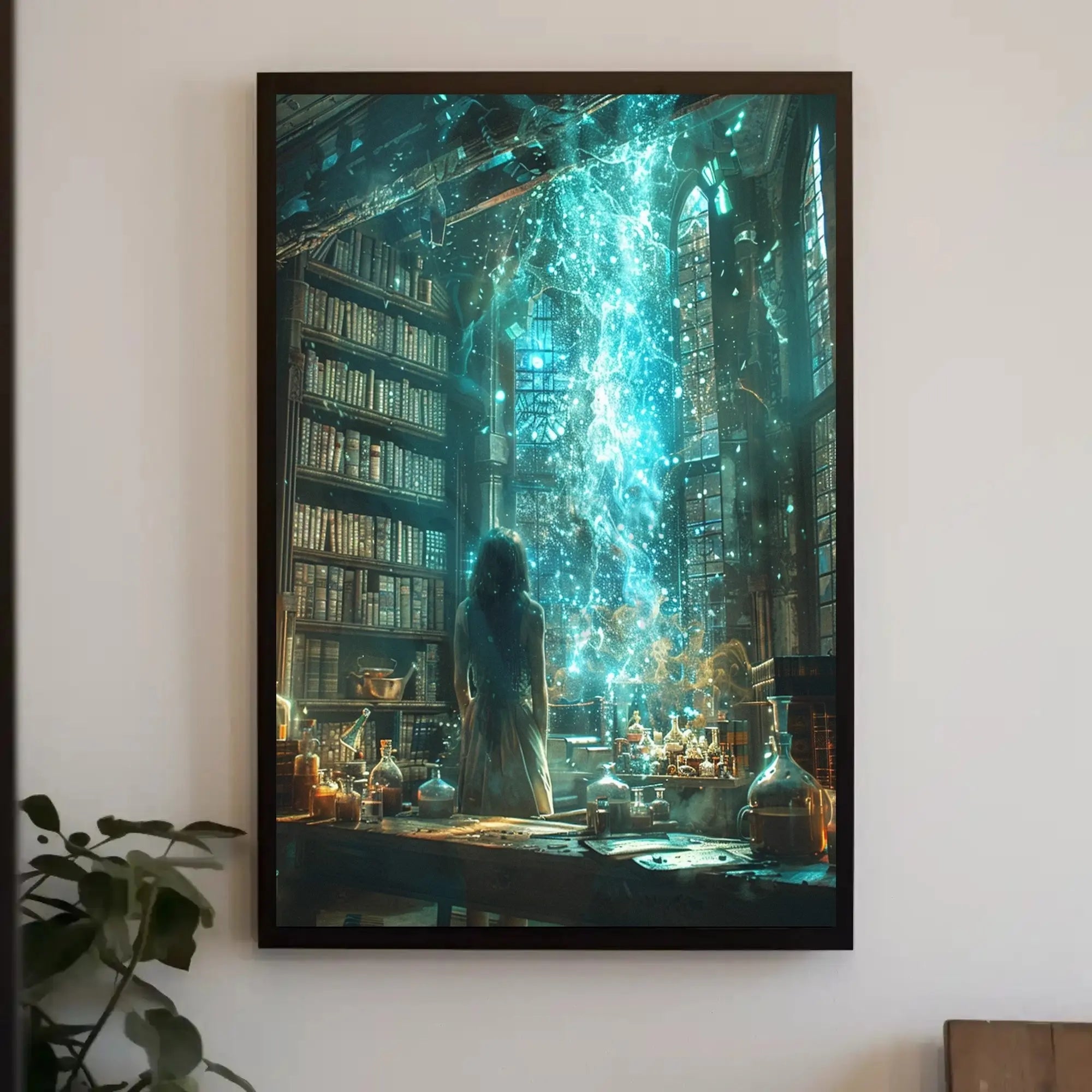 Magical Library Scene with Ethereal Mist Artistic Poster PosterGoat