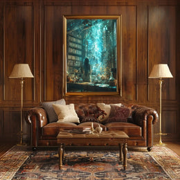 Magical Library Scene with Ethereal Mist Artistic Poster PosterGoat