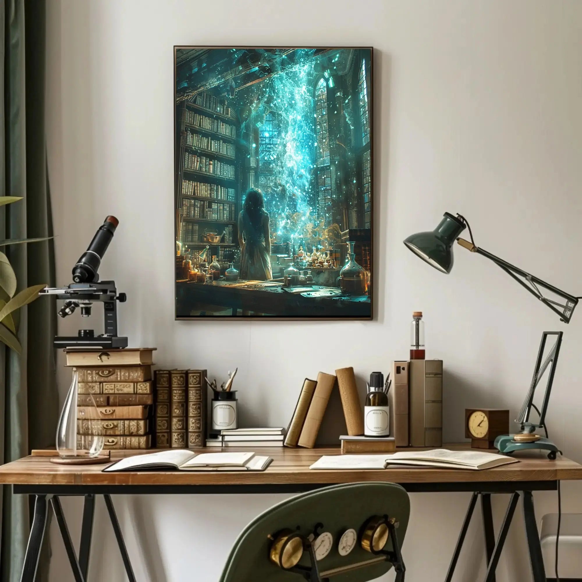 Magical Library Scene with Ethereal Mist Artistic Poster PosterGoat