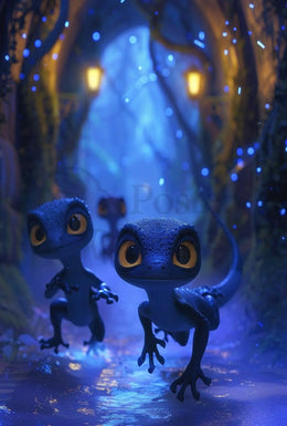 Magical Lizard Creatures in Enchanted Forest - Artistic Poster PosterGoat