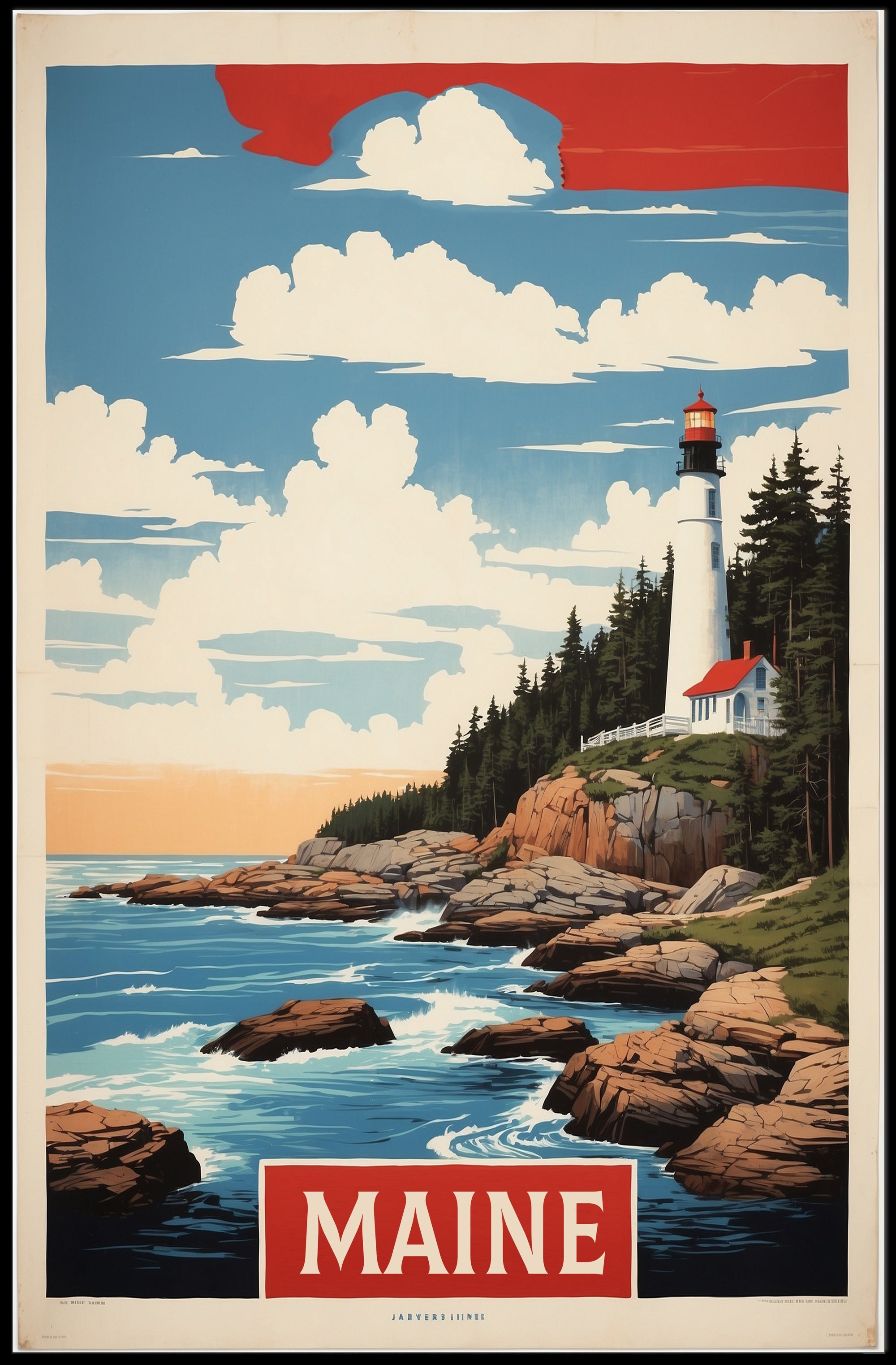 Maine Lighthouse Coastal Scene Vintage Travel Poster PosterGoat
