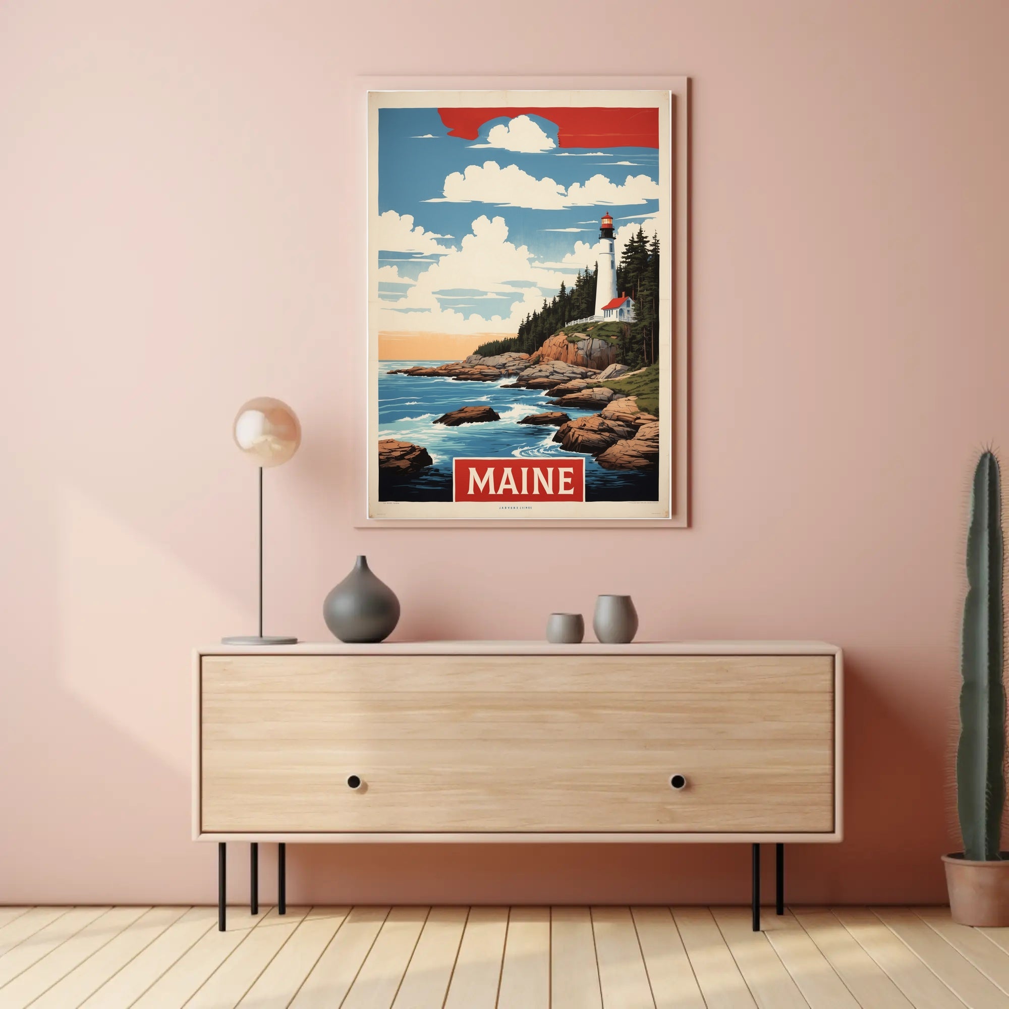 Maine Lighthouse Coastal Scene Vintage Travel Poster PosterGoat