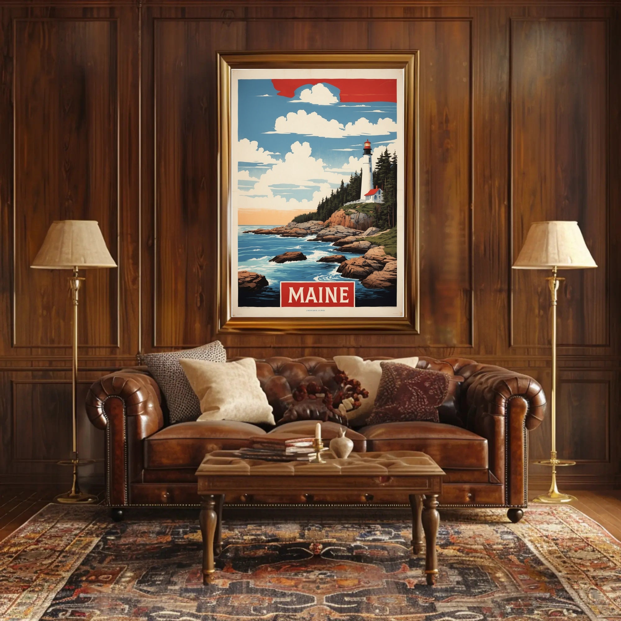 Maine Lighthouse Coastal Scene Vintage Travel Poster PosterGoat
