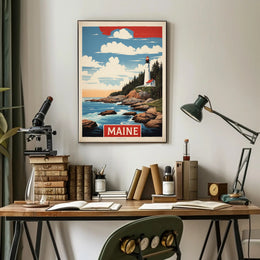 Maine Lighthouse Coastal Scene Vintage Travel Poster PosterGoat
