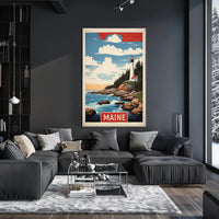 Maine Lighthouse Coastal Scene Vintage Travel Poster PosterGoat
