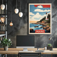 Maine Lighthouse Coastal Scene Vintage Travel Poster PosterGoat