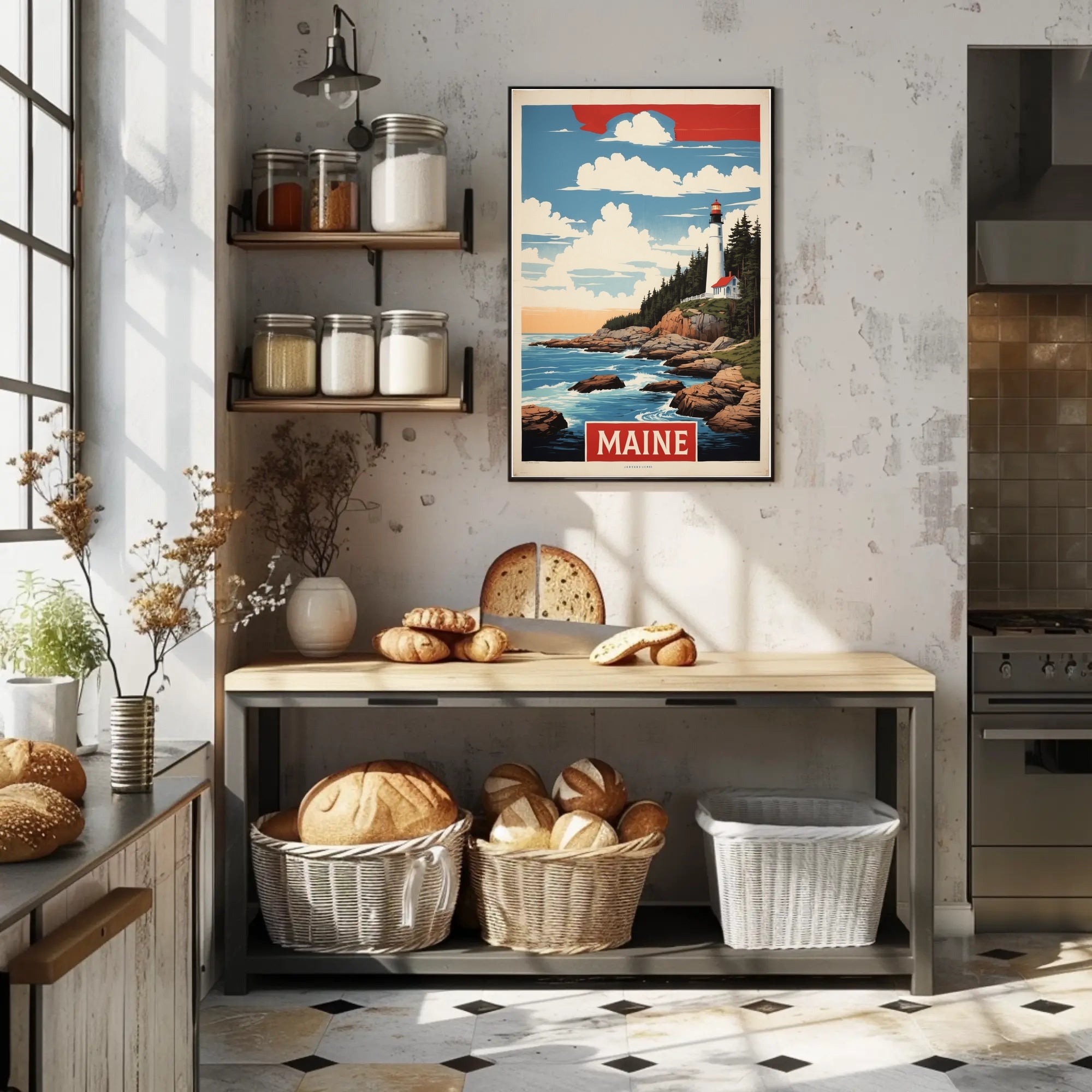 Maine Lighthouse Coastal Scene Vintage Travel Poster PosterGoat