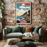 Maine Lighthouse Coastal Scene Vintage Travel Poster PosterGoat