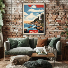 Maine Lighthouse Coastal Scene Vintage Travel Poster PosterGoat