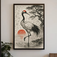 Majestic Crane at Sunrise Japanese Heritage Poster PosterGoat