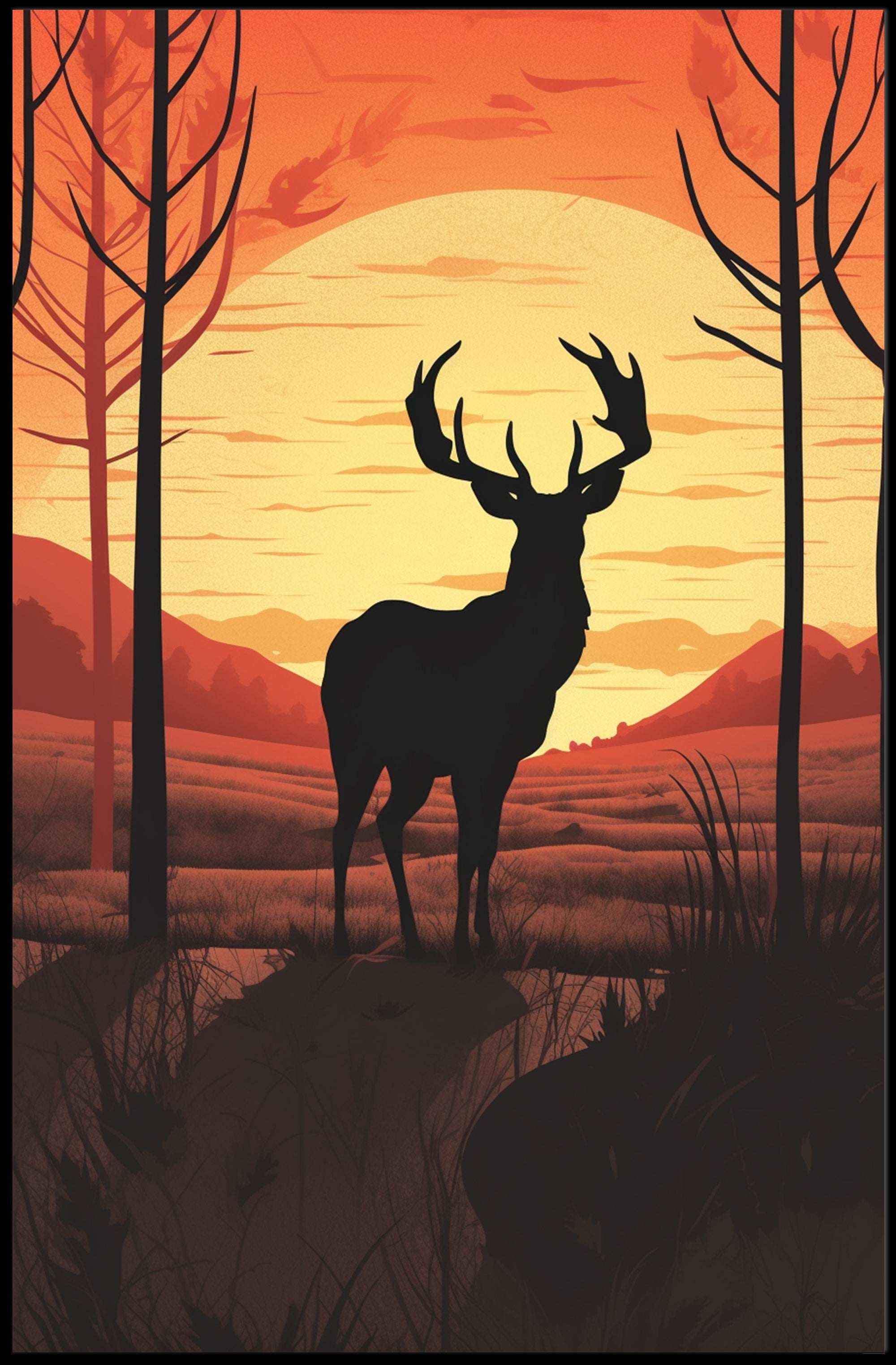 Majestic Deer Silhouette at Sunset Animal Poster PosterGoat