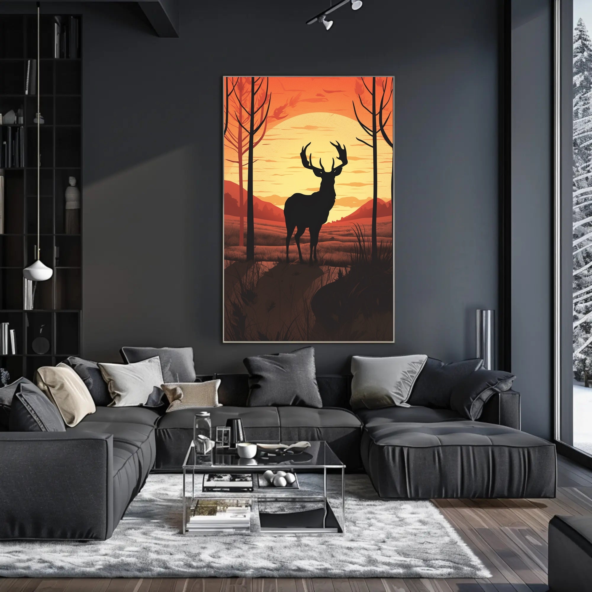 Majestic Deer Silhouette at Sunset Animal Poster PosterGoat