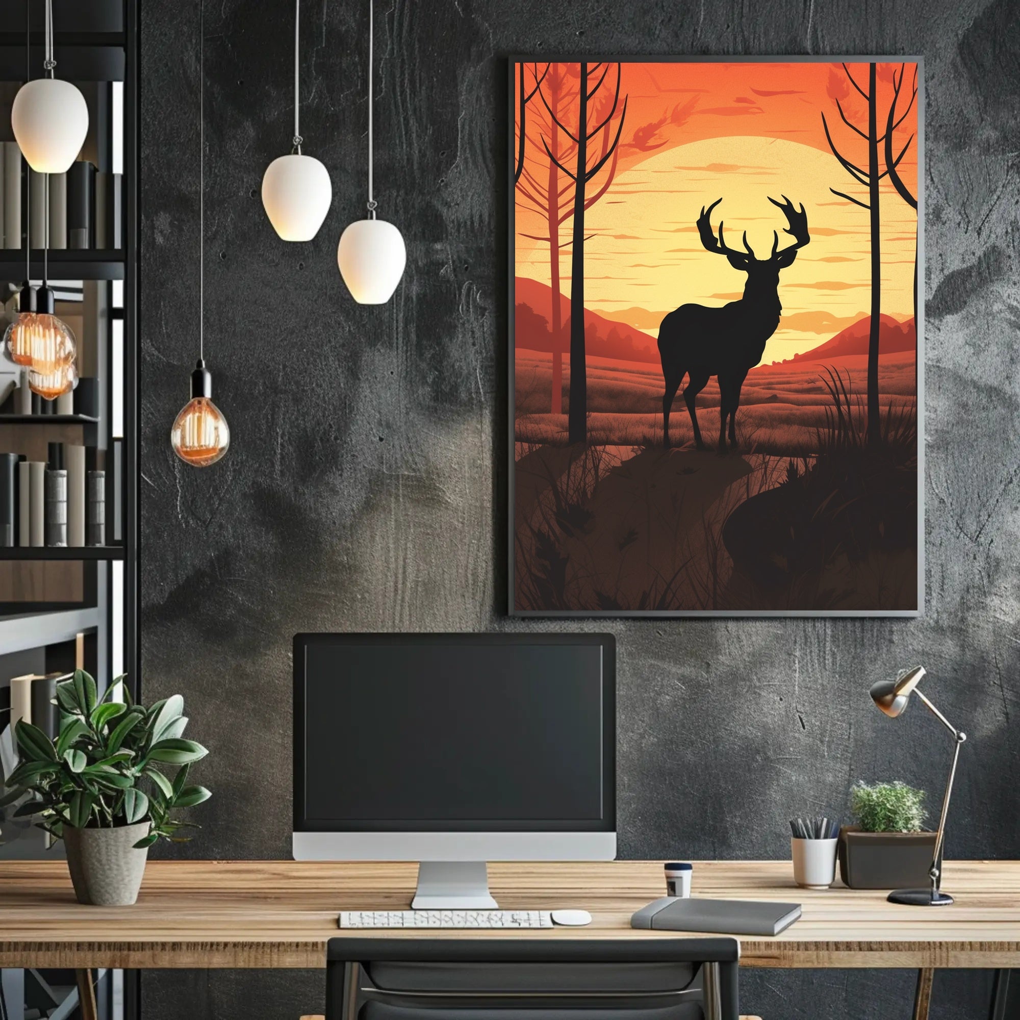 Majestic Deer Silhouette at Sunset Animal Poster PosterGoat