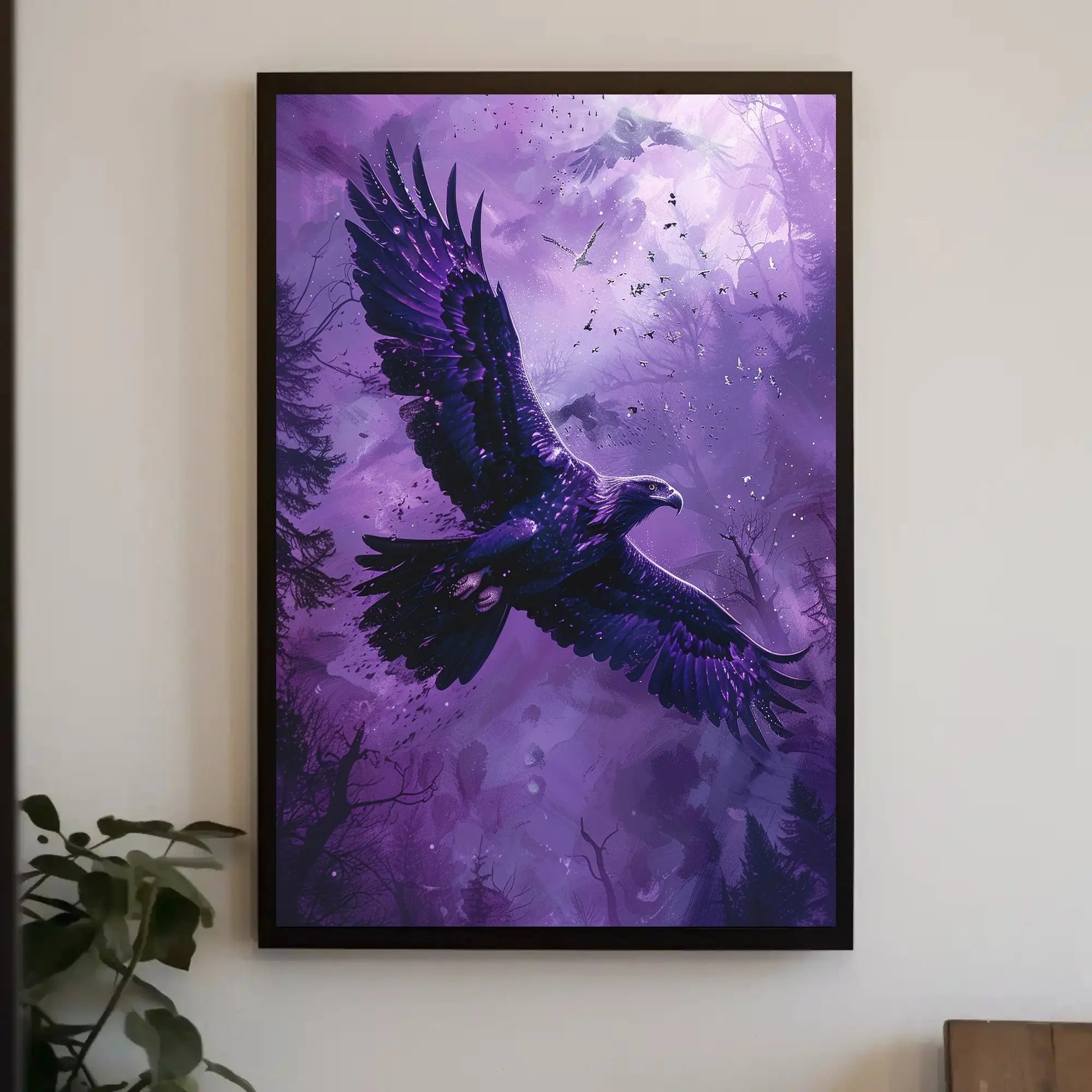 Majestic Eagle in Flight Over Forested Landscape Animal Poster PosterGoat