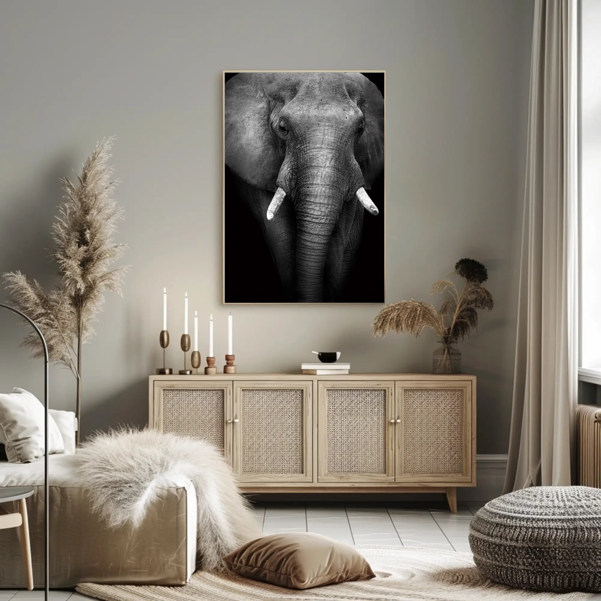Majestic Elephant Close-up Black-and-White Animal Poster PosterGoat