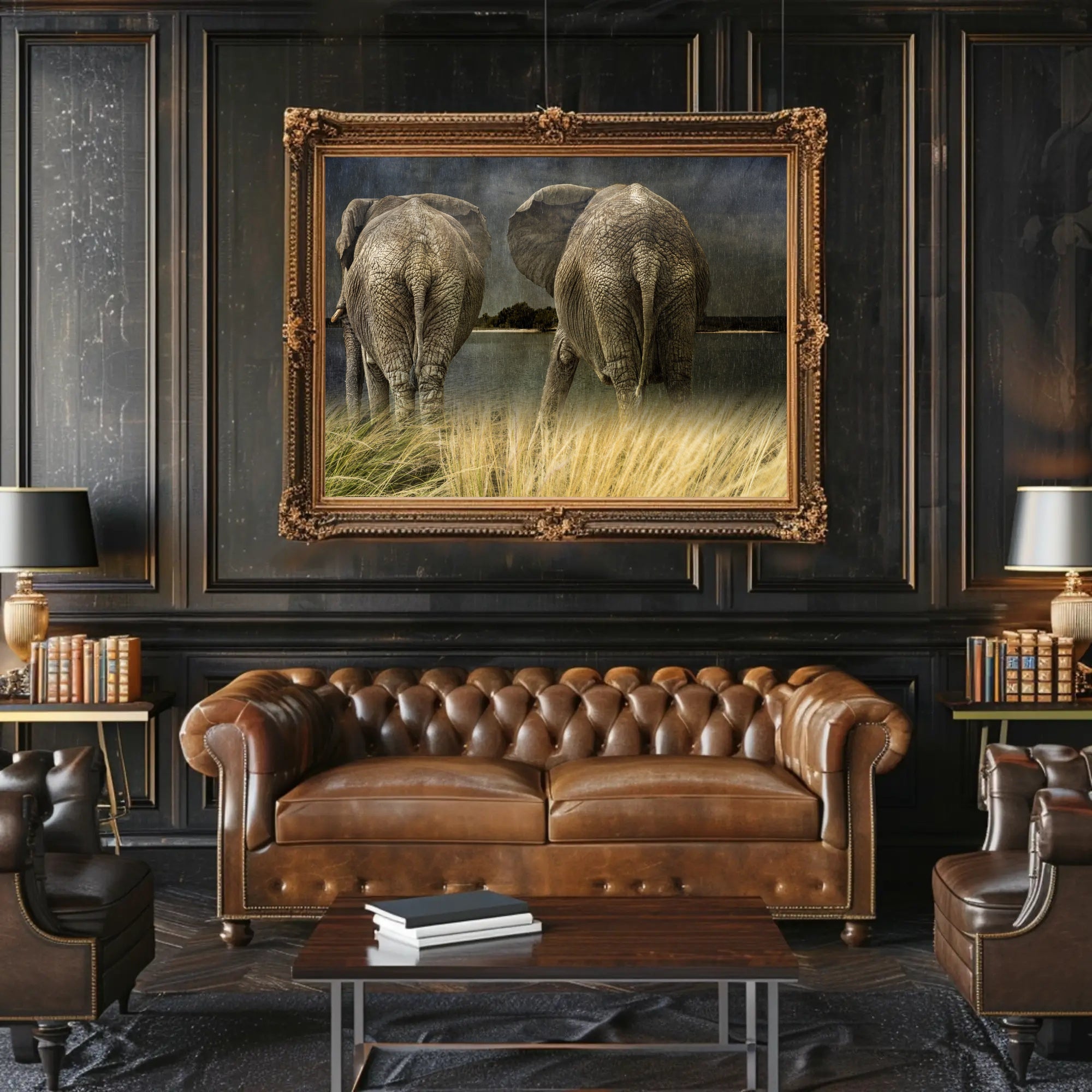 Majestic Elephants in Savannah Landscape Animal Poster PosterGoat