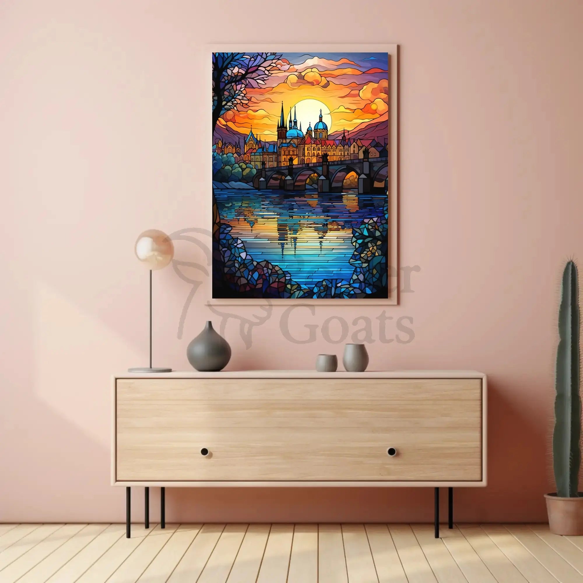 Majestic European Cityscape in Stained Glass Artistic Poster PosterGoat