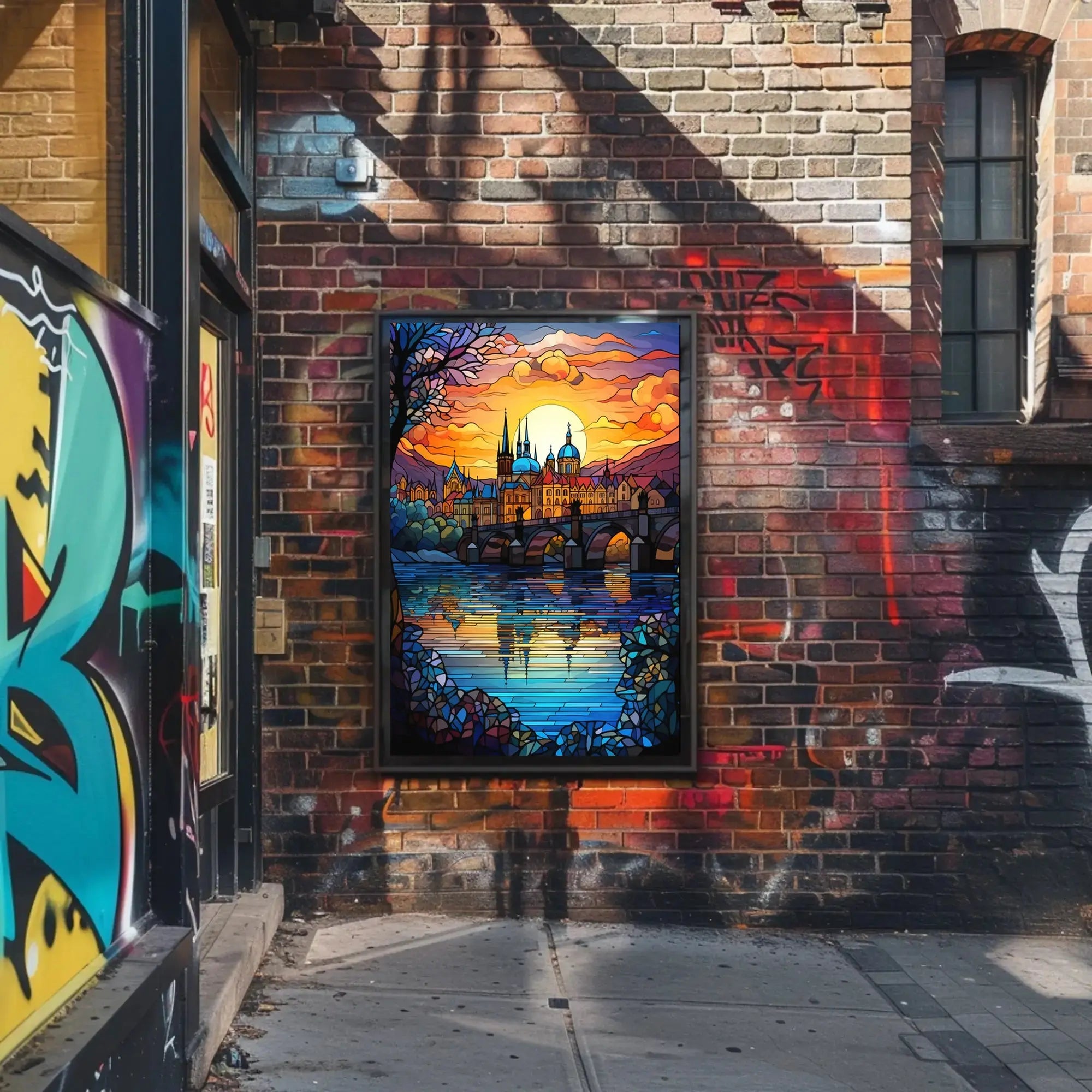 Majestic European Cityscape in Stained Glass Artistic Poster PosterGoat