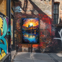 Majestic European Cityscape in Stained Glass Artistic Poster PosterGoat