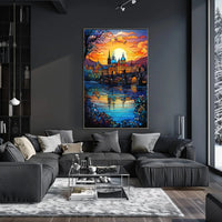 Majestic European Cityscape in Stained Glass Artistic Poster PosterGoat
