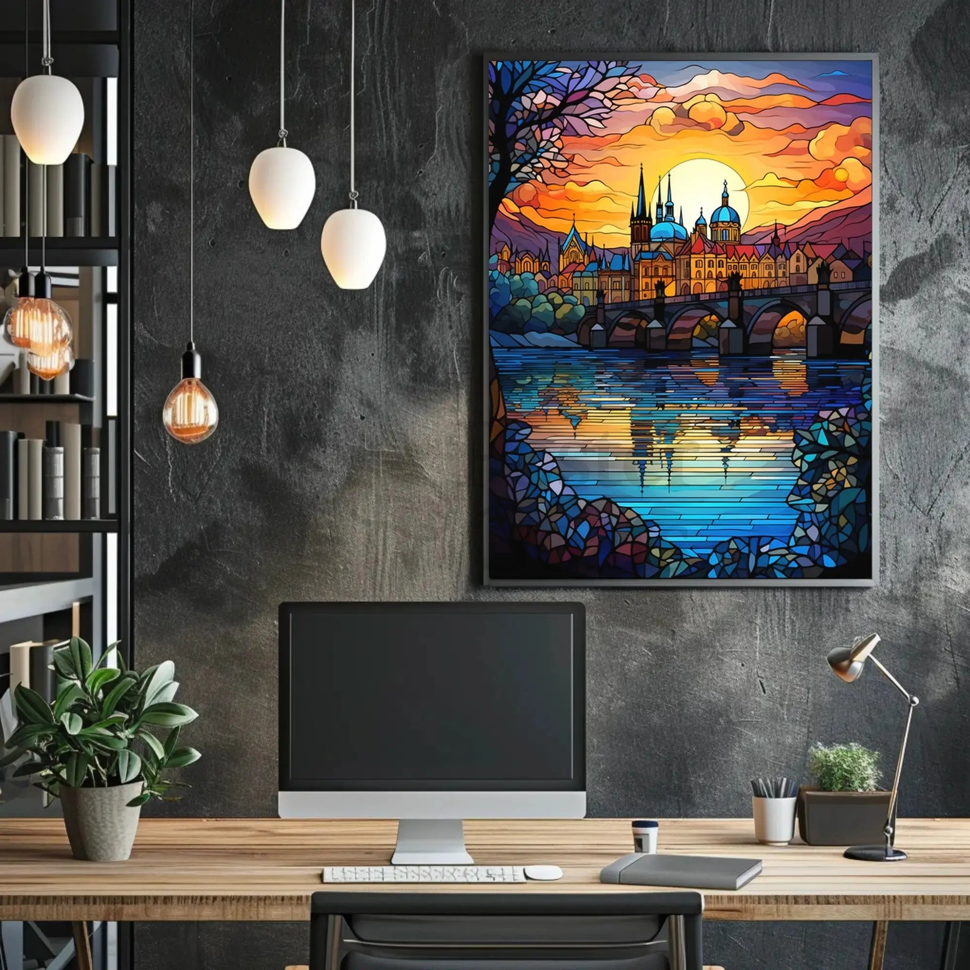 Majestic European Cityscape in Stained Glass Artistic Poster PosterGoat