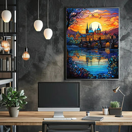 Majestic European Cityscape in Stained Glass Artistic Poster PosterGoat