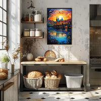Majestic European Cityscape in Stained Glass Artistic Poster PosterGoat