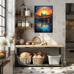 Majestic European Cityscape in Stained Glass Artistic Poster PosterGoat