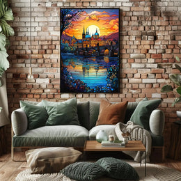 Majestic European Cityscape in Stained Glass Artistic Poster PosterGoat