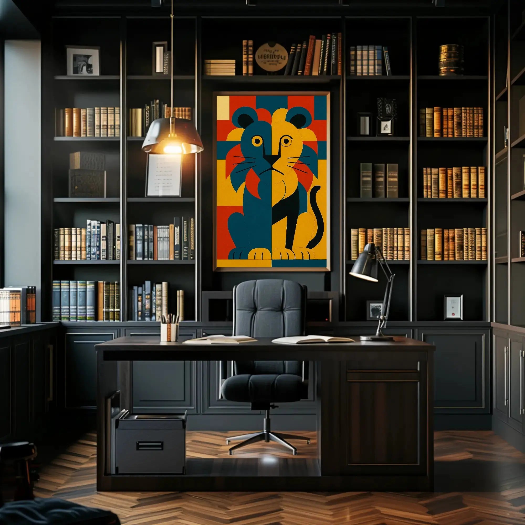 Majestic Geometric Lion Art Deco Animal Poster PosterGoat