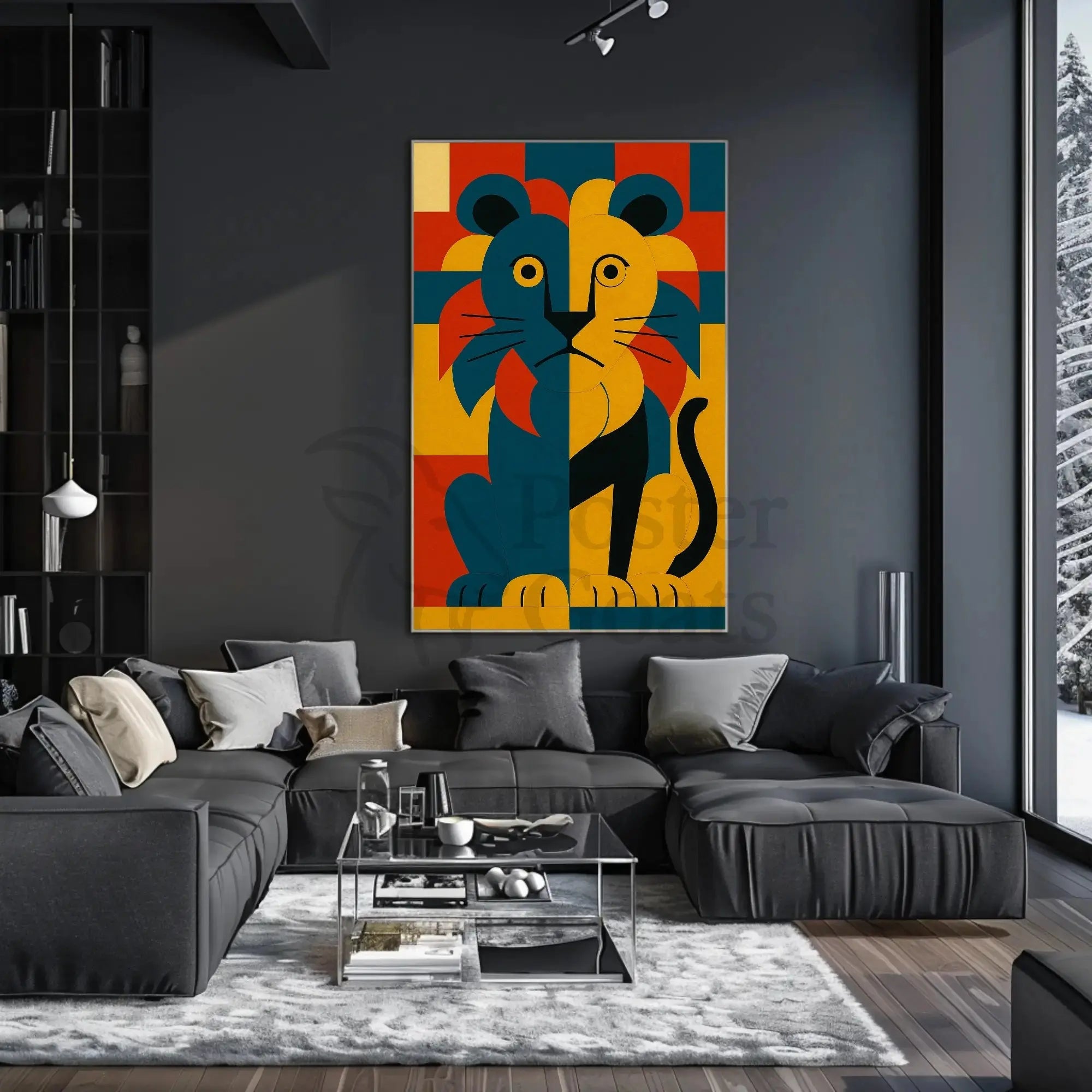Majestic Geometric Lion Art Deco Animal Poster PosterGoat