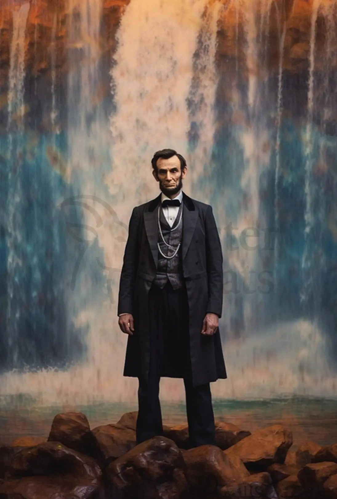 Majestic Historical Figure with Waterfall Art Poster PosterGoat