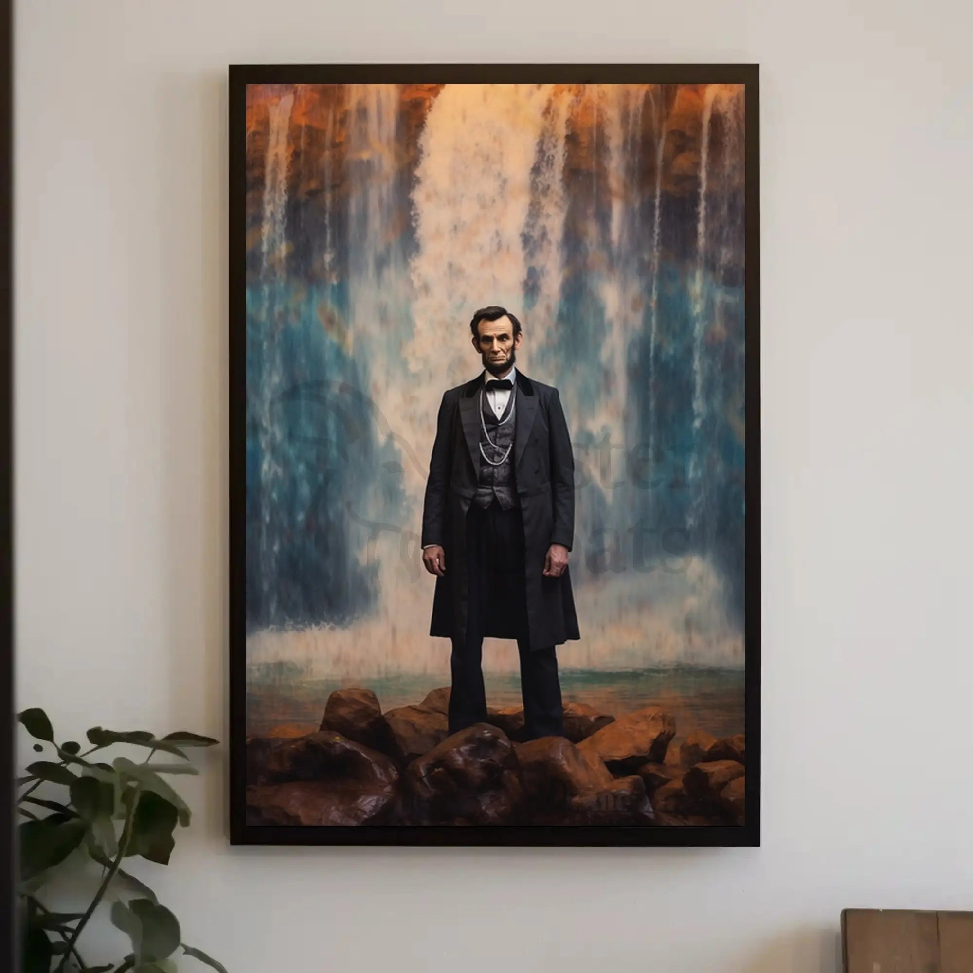 Majestic Historical Figure with Waterfall Art Poster PosterGoat