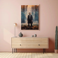 Majestic Historical Figure with Waterfall Art Poster PosterGoat