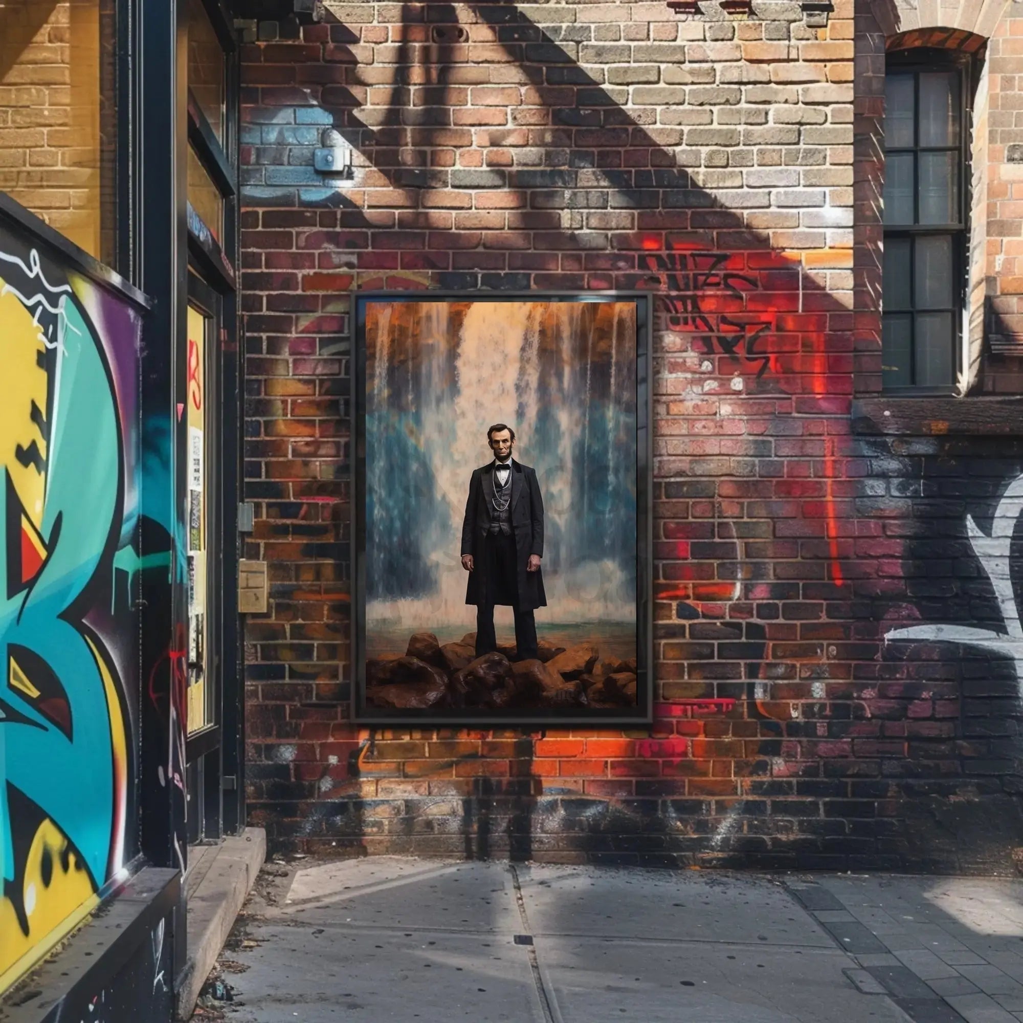 Majestic Historical Figure with Waterfall Art Poster PosterGoat