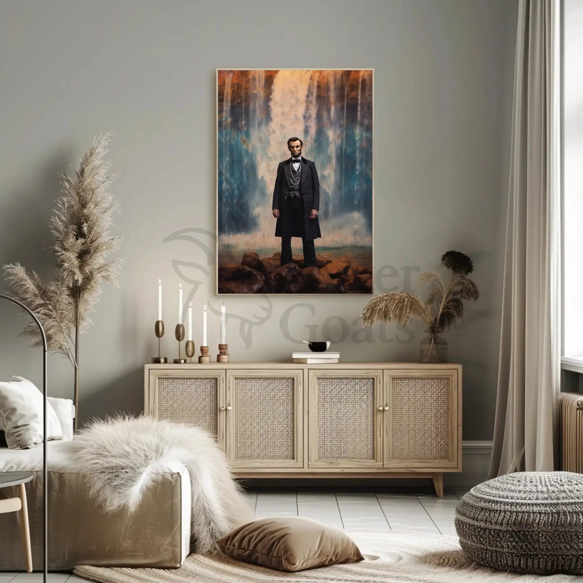 Majestic Historical Figure with Waterfall Art Poster PosterGoat
