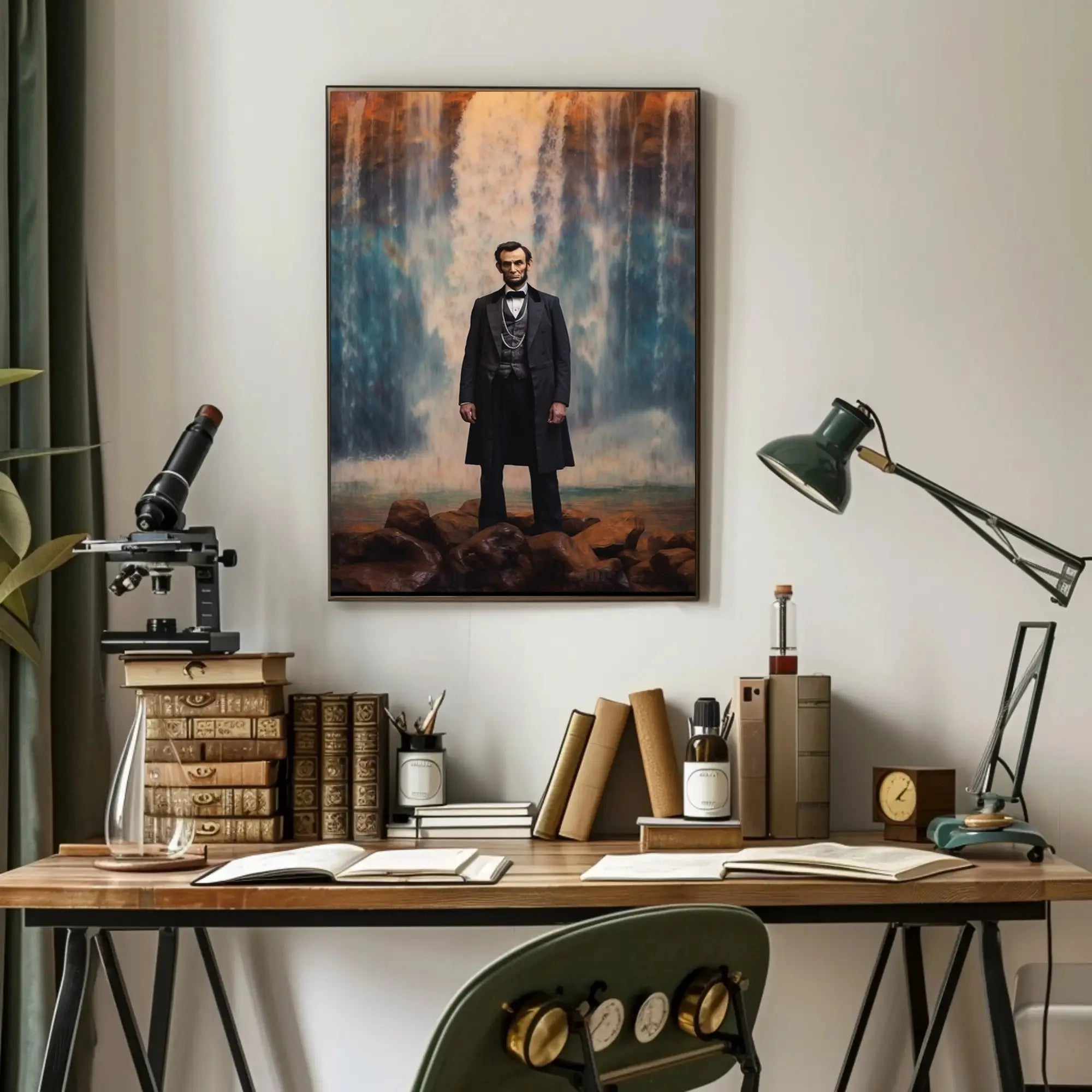 Majestic Historical Figure with Waterfall Art Poster PosterGoat