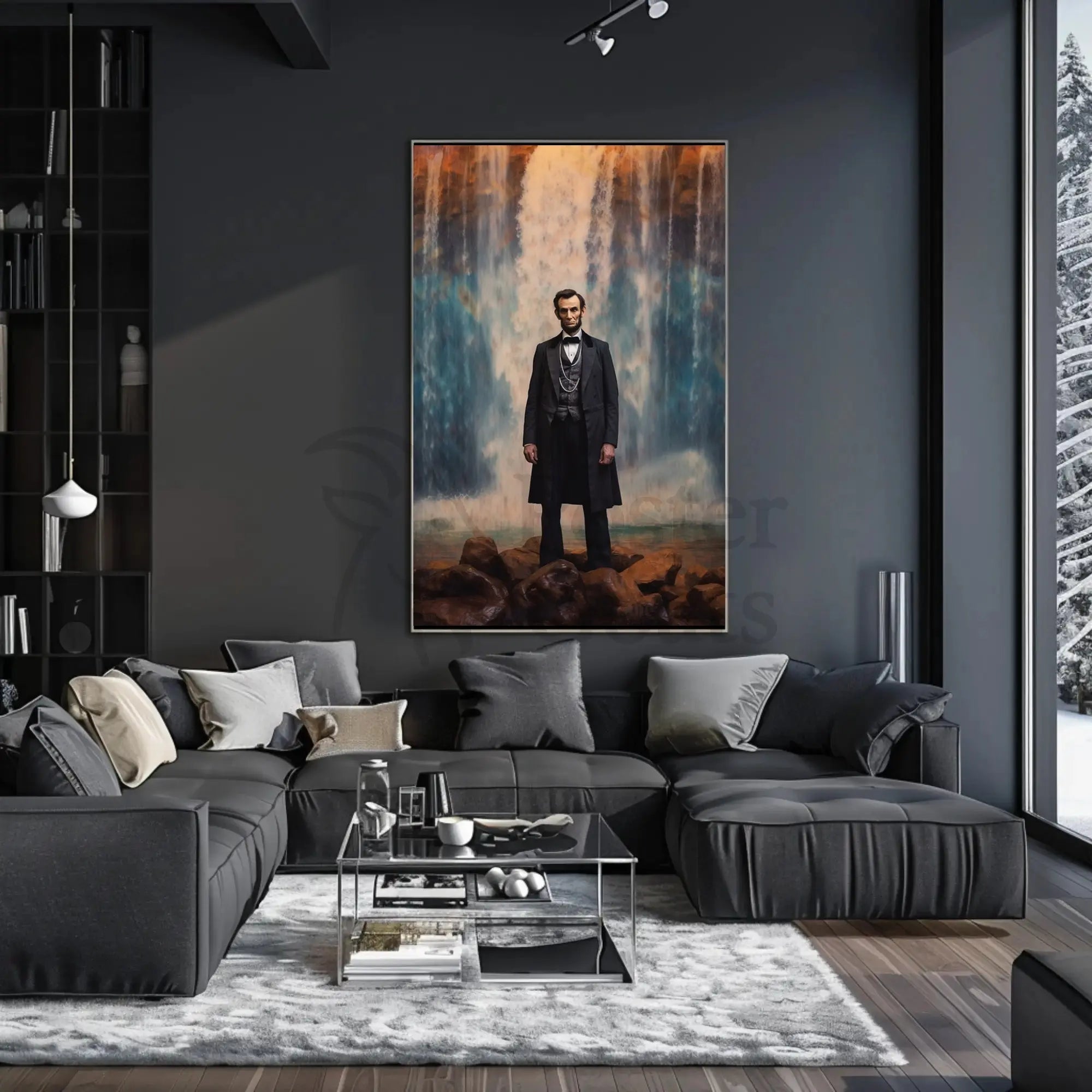 Majestic Historical Figure with Waterfall Art Poster PosterGoat