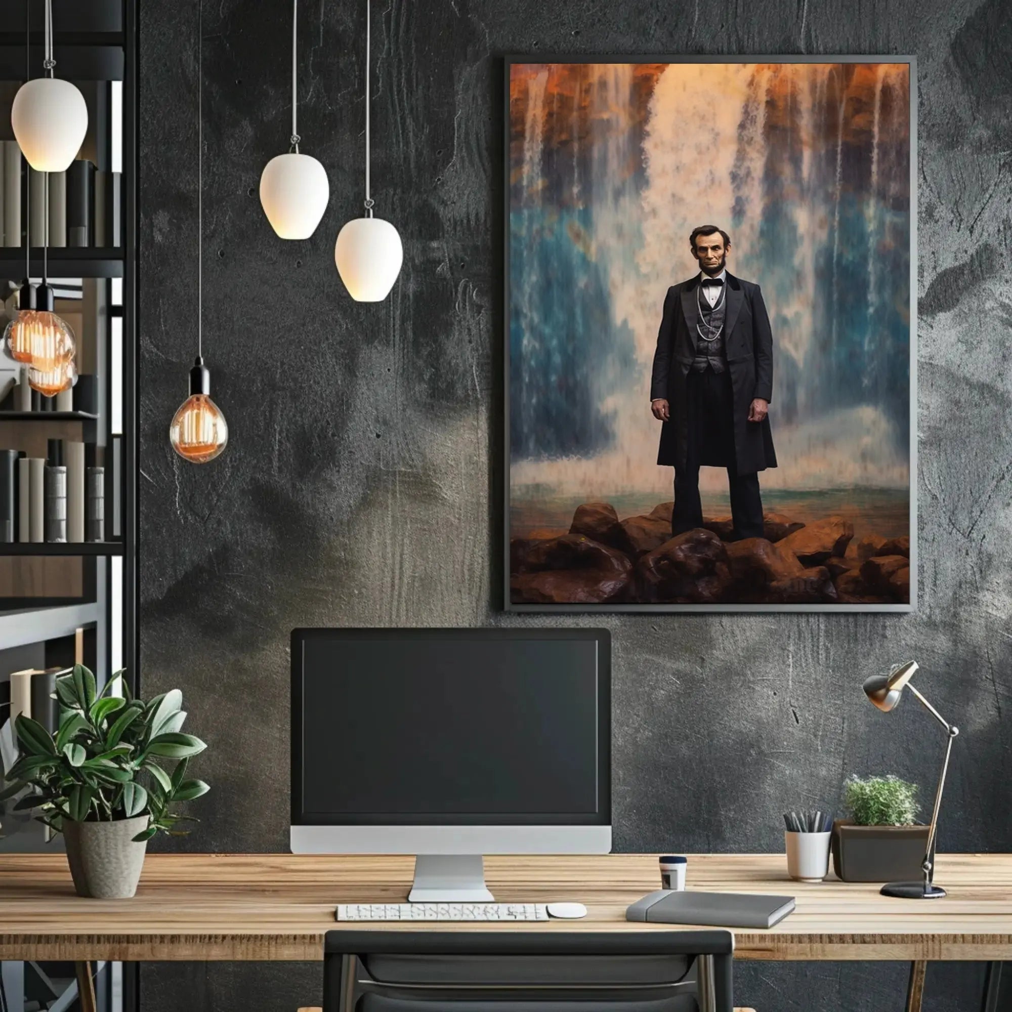 Majestic Historical Figure with Waterfall Art Poster PosterGoat