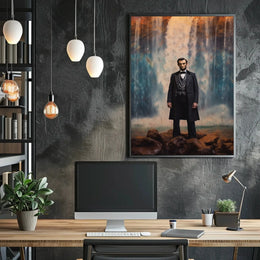 Majestic Historical Figure with Waterfall Art Poster PosterGoat