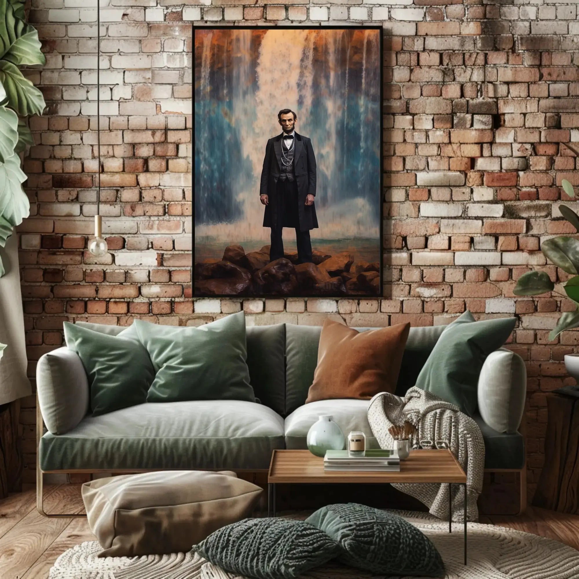 Majestic Historical Figure with Waterfall Art Poster PosterGoat