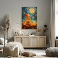Majestic Orange Cat Over Starry Cityscape Artistic Poster PosterGoat