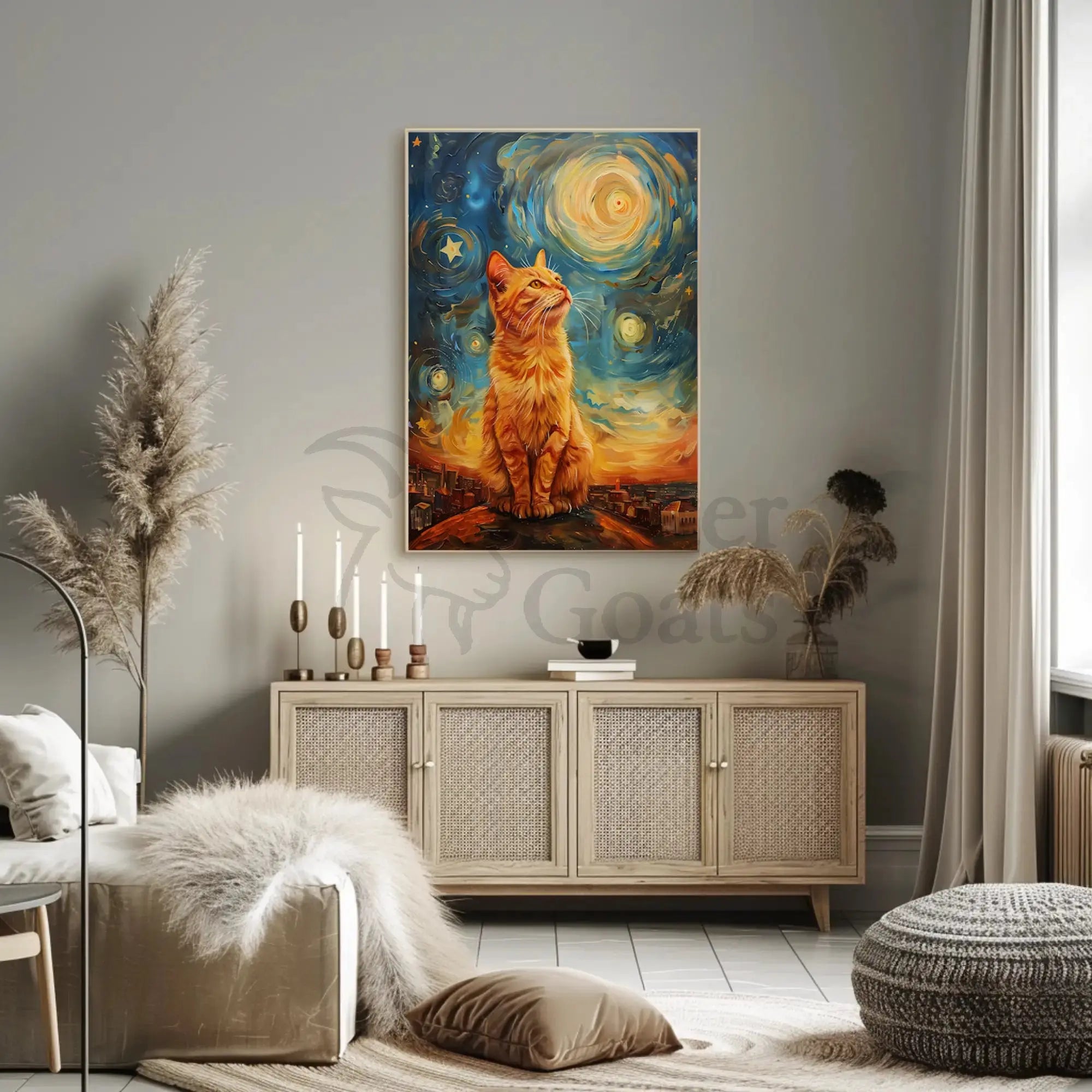Majestic Orange Cat Over Starry Cityscape Artistic Poster PosterGoat
