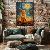 Majestic Orange Cat Over Starry Cityscape Artistic Poster PosterGoat