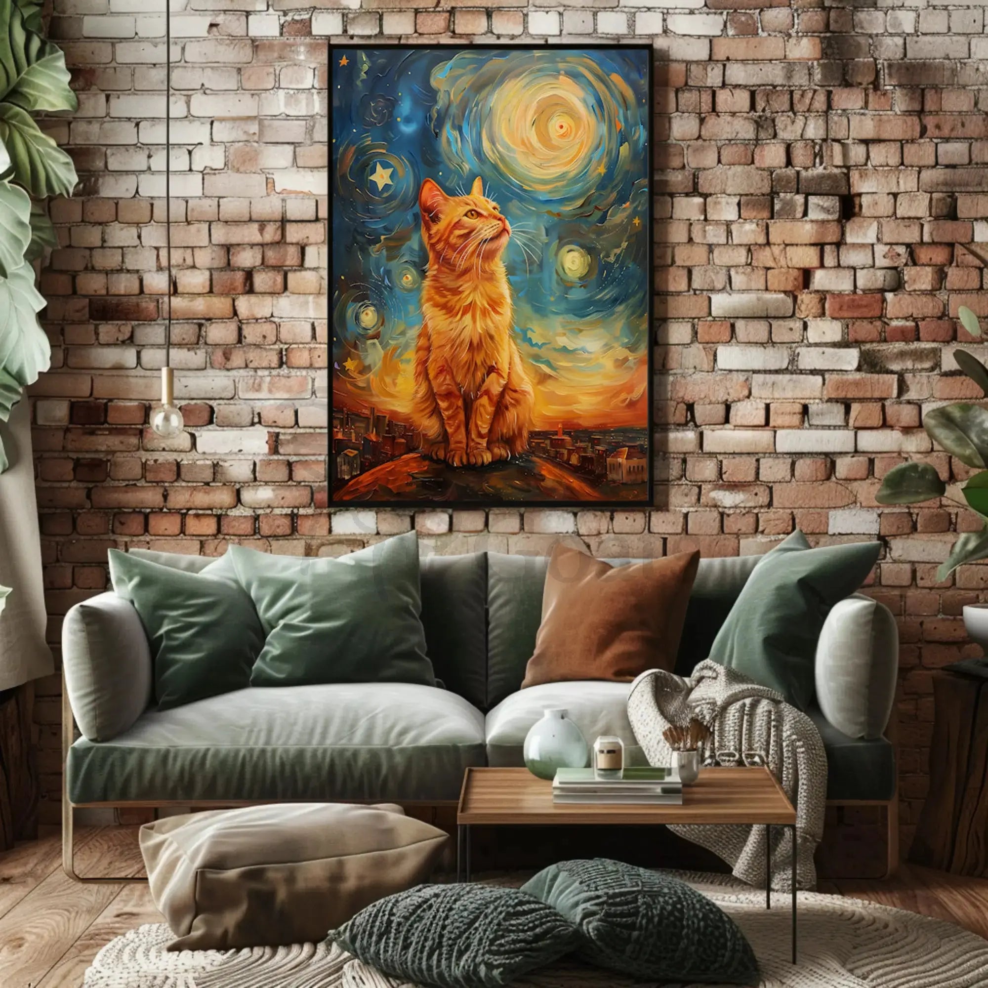 Majestic Orange Cat Over Starry Cityscape Artistic Poster PosterGoat