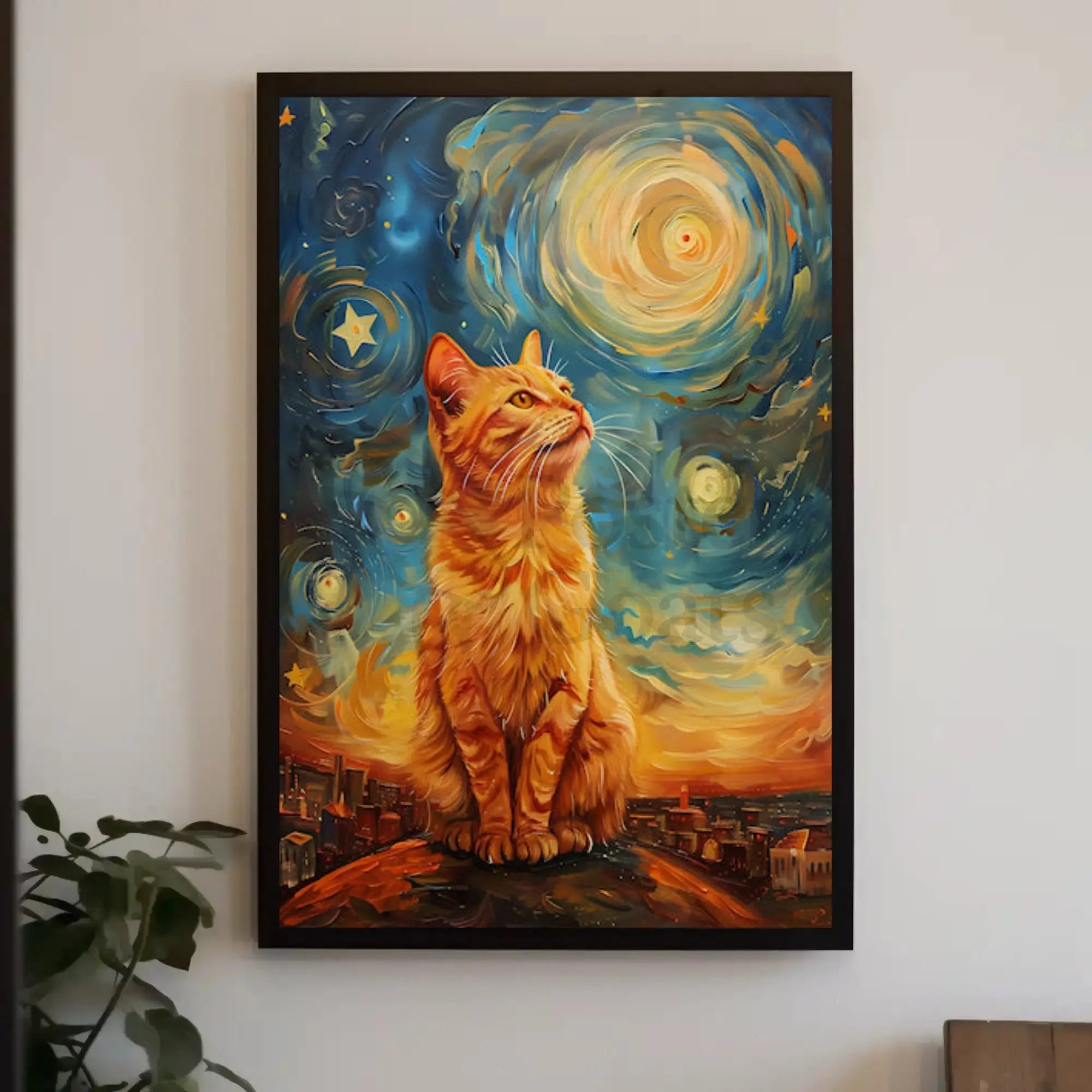 Majestic Orange Cat Over Starry Cityscape Artistic Poster PosterGoat