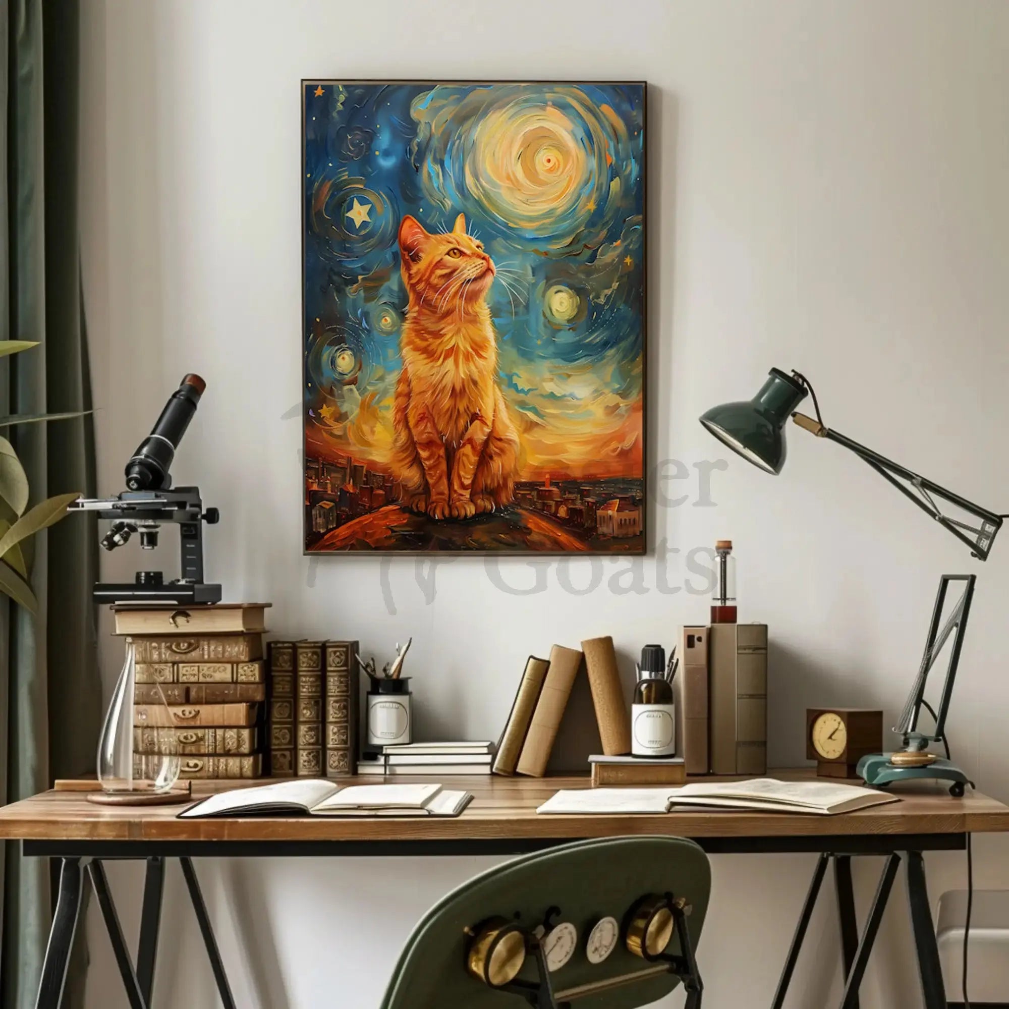 Majestic Orange Cat Over Starry Cityscape Artistic Poster PosterGoat