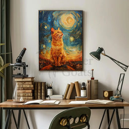Majestic Orange Cat Over Starry Cityscape Artistic Poster PosterGoat