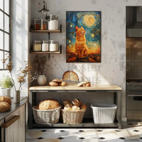 Majestic Orange Cat Over Starry Cityscape Artistic Poster PosterGoat